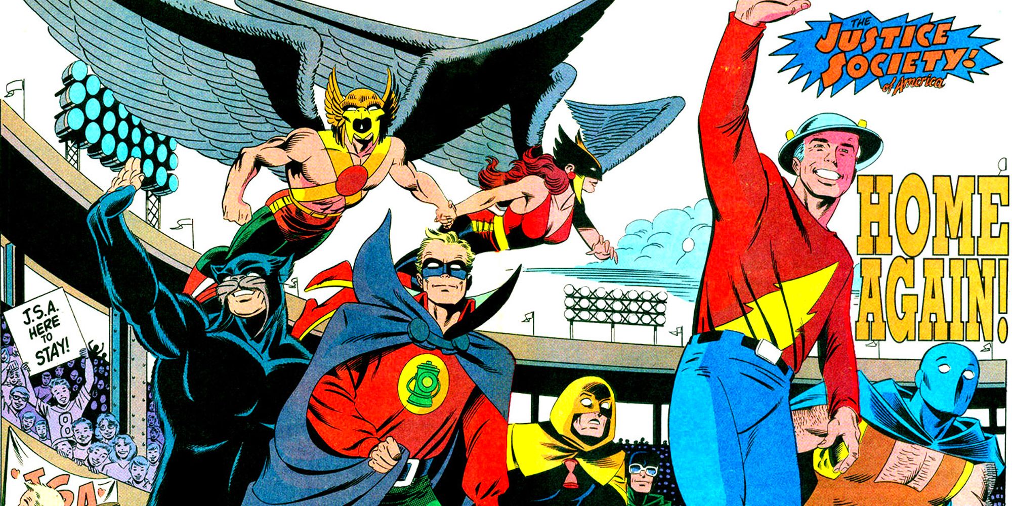 O mundo comemorando o retorno da JSA em Justice Society Of America # 1 (1990)