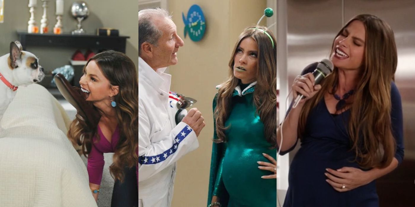 Three split images of Gloria from Modern Family in different, funny episodes