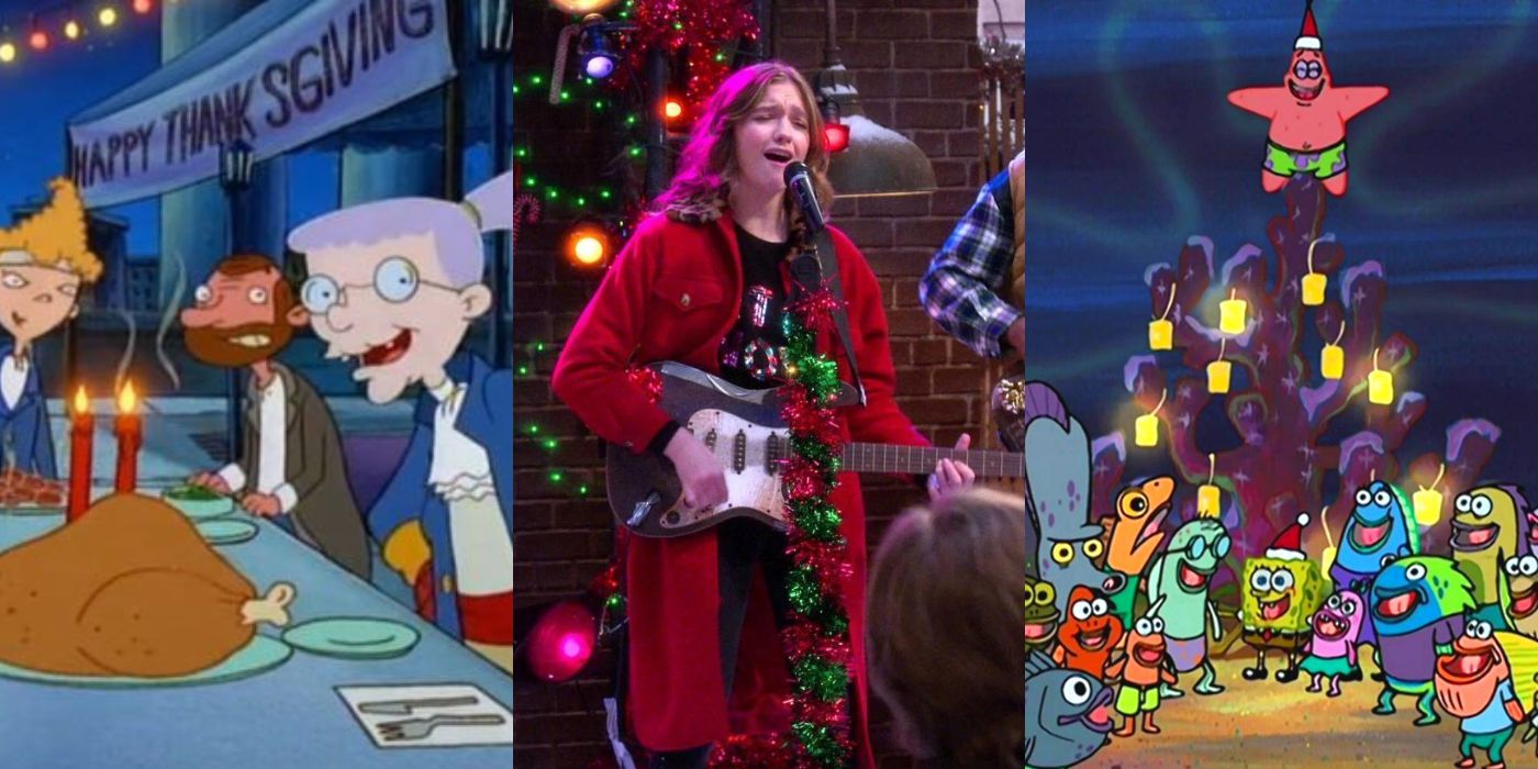 Three split images of Nickelodeon shows for the holidays