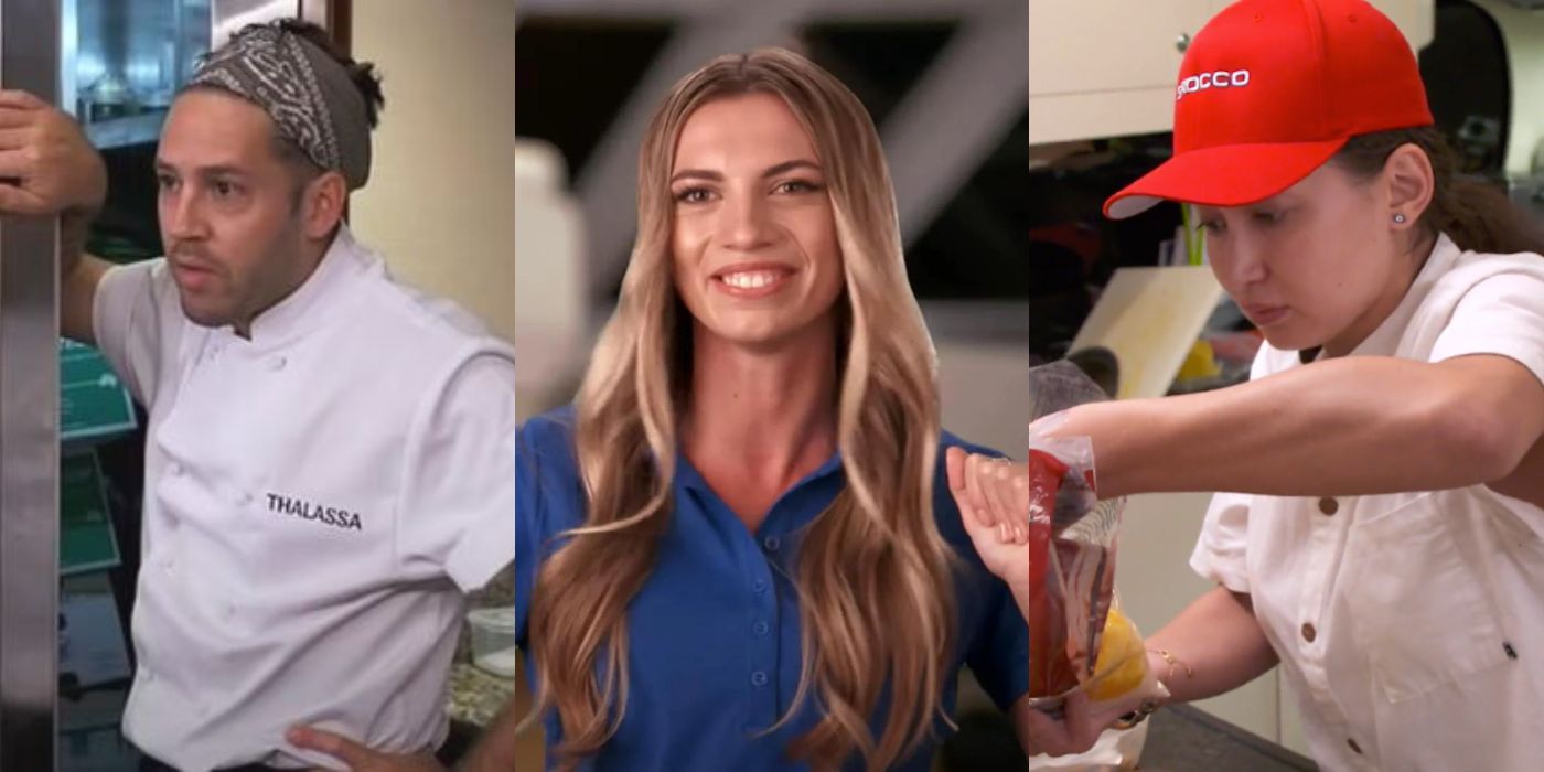 Three split images of the cast and crew of Below Deck