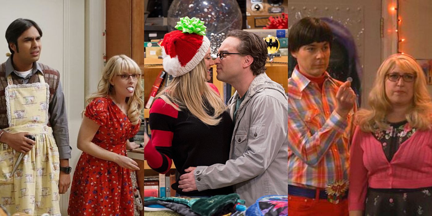 Three split images of the cast of The Big Bang Theory on the holidays