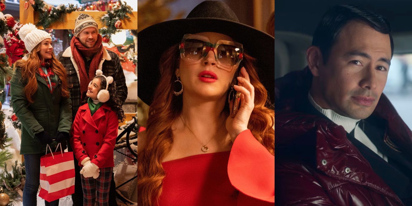 Three split images of the characters from Netflix's Falling for Christmas