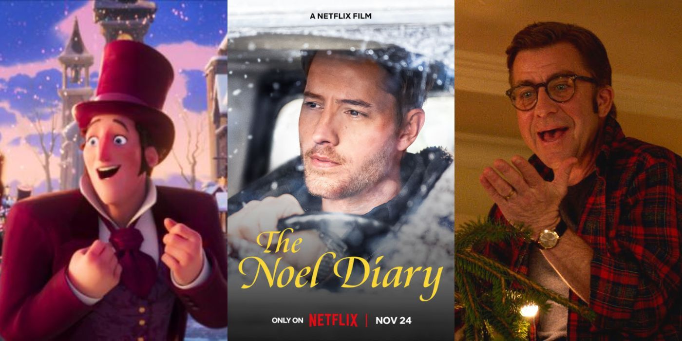 Three split images of upcoming Christmas movies on streaming services