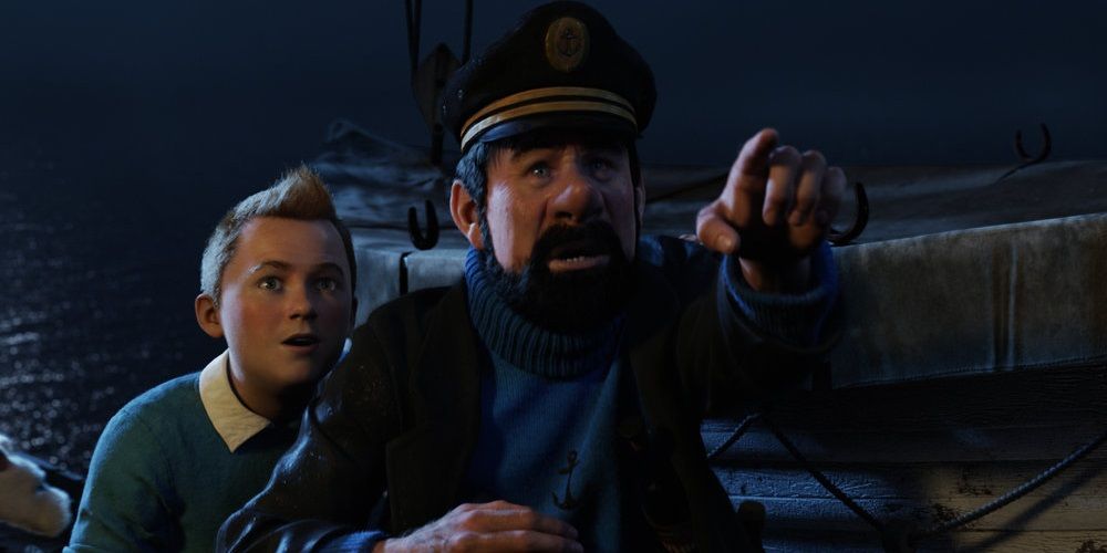 Tintin and Captain Haddock at sea in The Adventures of Tintin