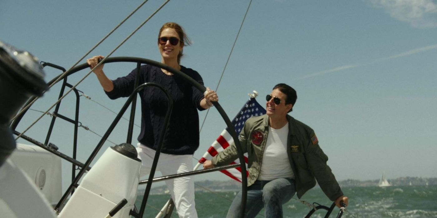 Tom Cruise and Jennifer Connelly on a sailboat in Top Gun: Maverick.
