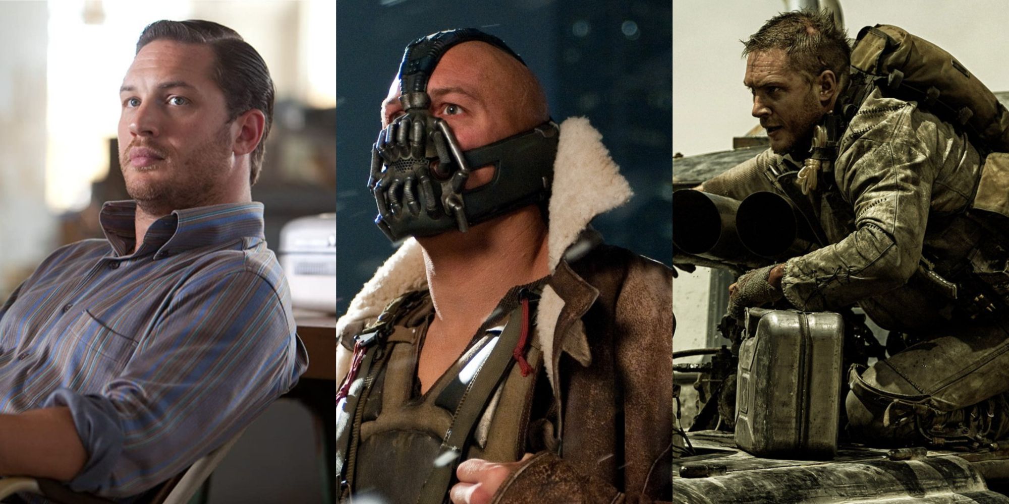 Split image of Tom Hardy in Inception, Dark Knight Rises and Mad Max
