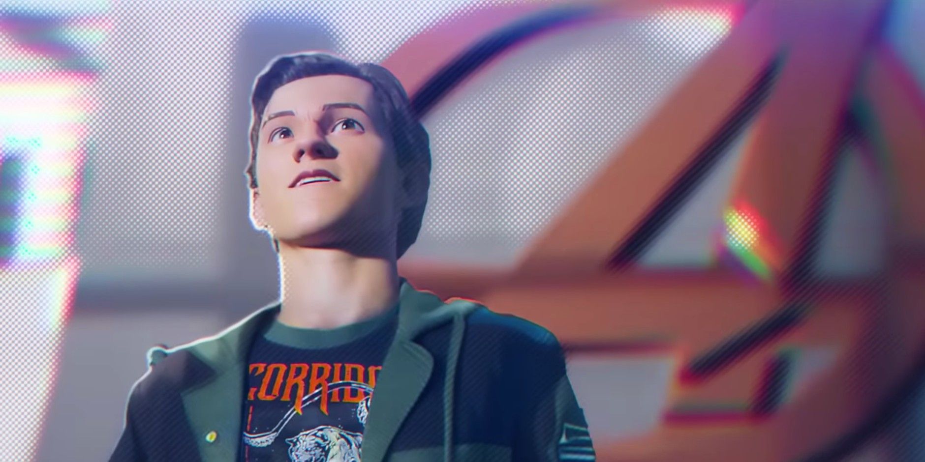 Tom Holland in Spider-Verse style in front of Avengers logo