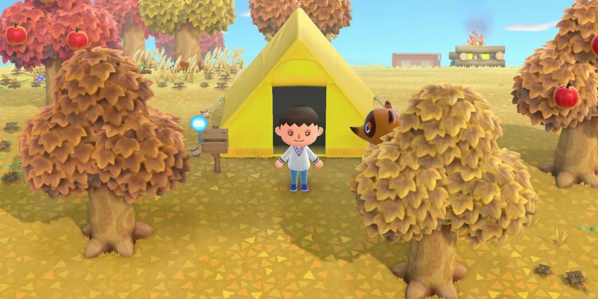 Tom Nook waiting outside the players Tent in Animal Crossing New Horizons