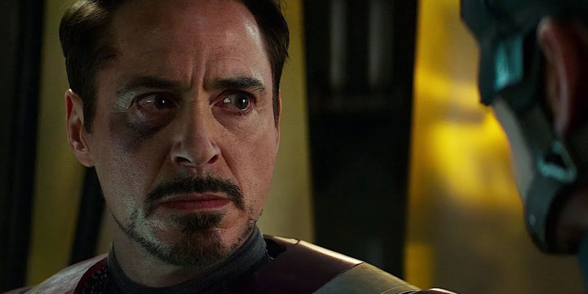 Tony Stark glaring at Steve Rogers in Capatain America Civil War