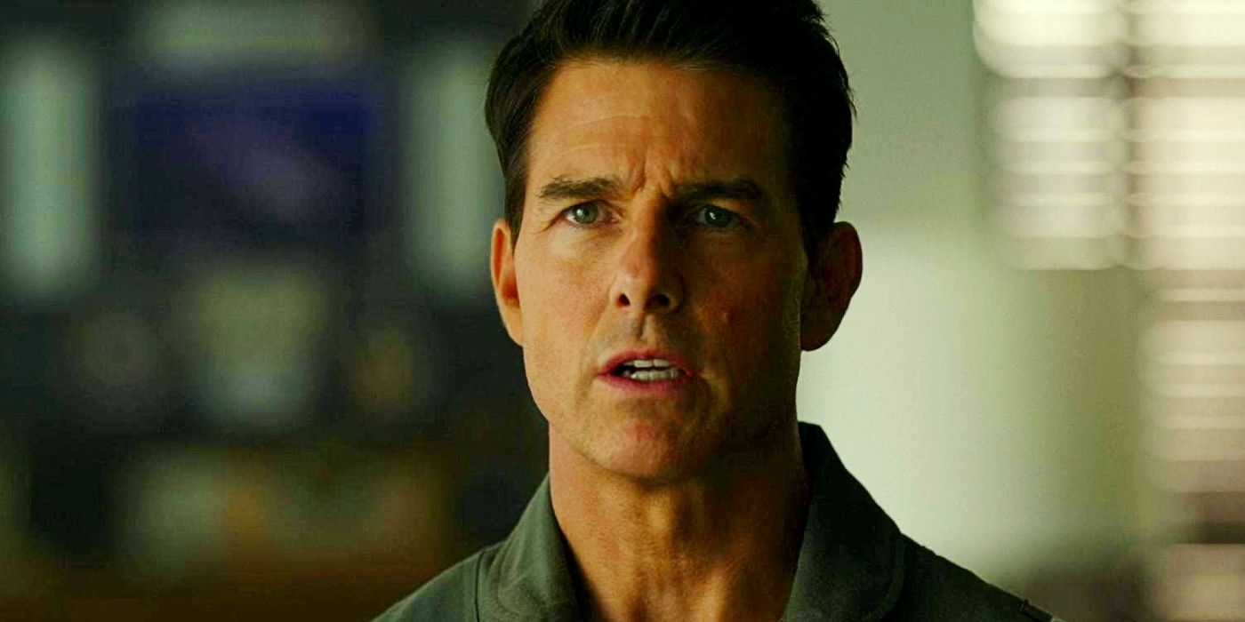 Tom Cruise looking concerned in Top Gun: Maverick.