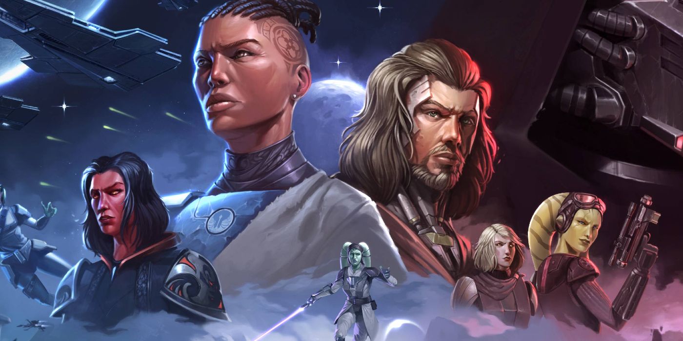 Star Wars Old Republic promo image showing main characters with a space background.