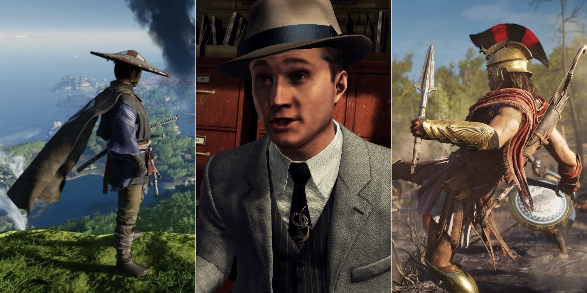 Protagonists from Ghost of Tsushima, LA Noire, and Assassin's Creed Odyssey split image