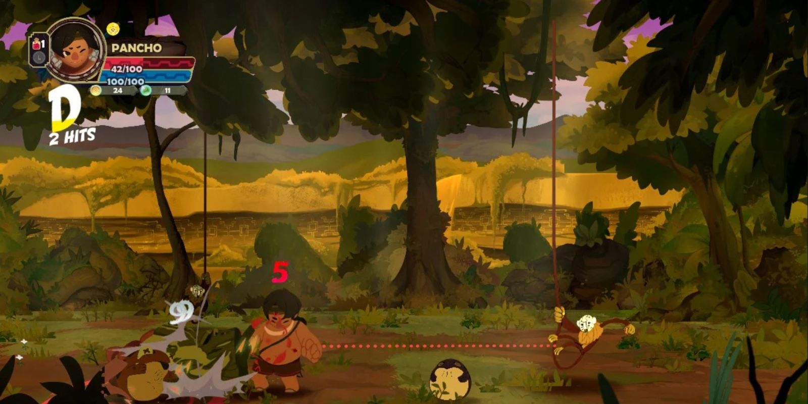 A screenshot of Tunche where Pancho is battling several monsters