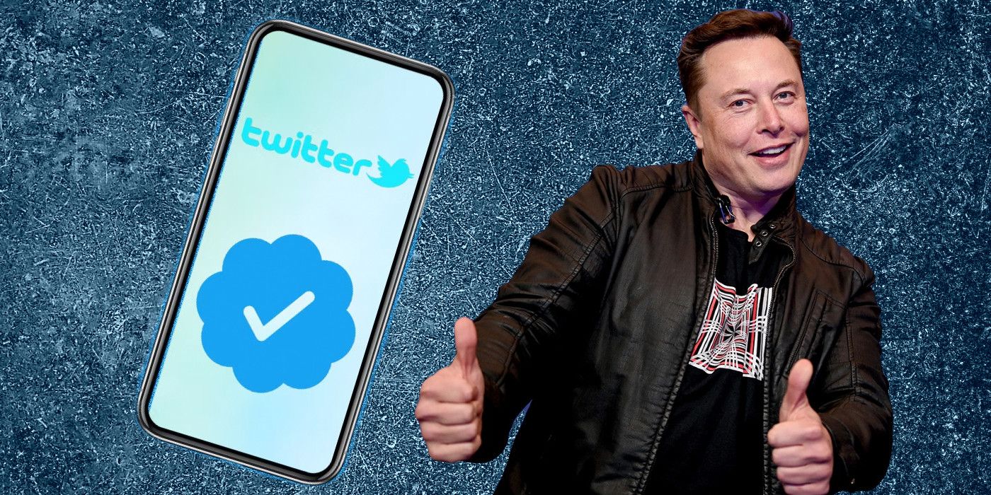 Twitter logo and blue verified checkmark on smartphone with Elon Musk on custom background