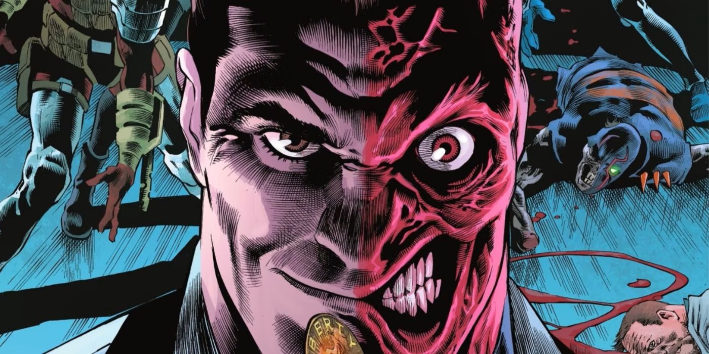 Two-Face grinning in Batman comic book art.