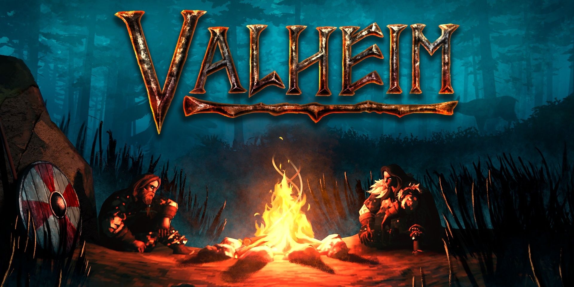 Two Valheim characters sitting beside a fire