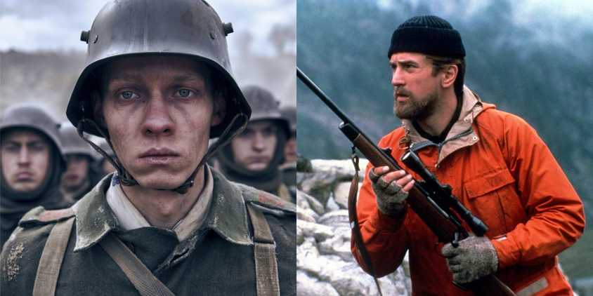 Two side by side images from All Quiet On The Western Front and Deer Hunter