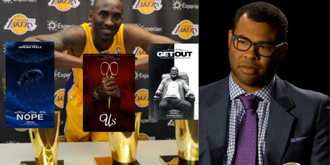 Two side by side images of Jordan Peele and a meme about his movies