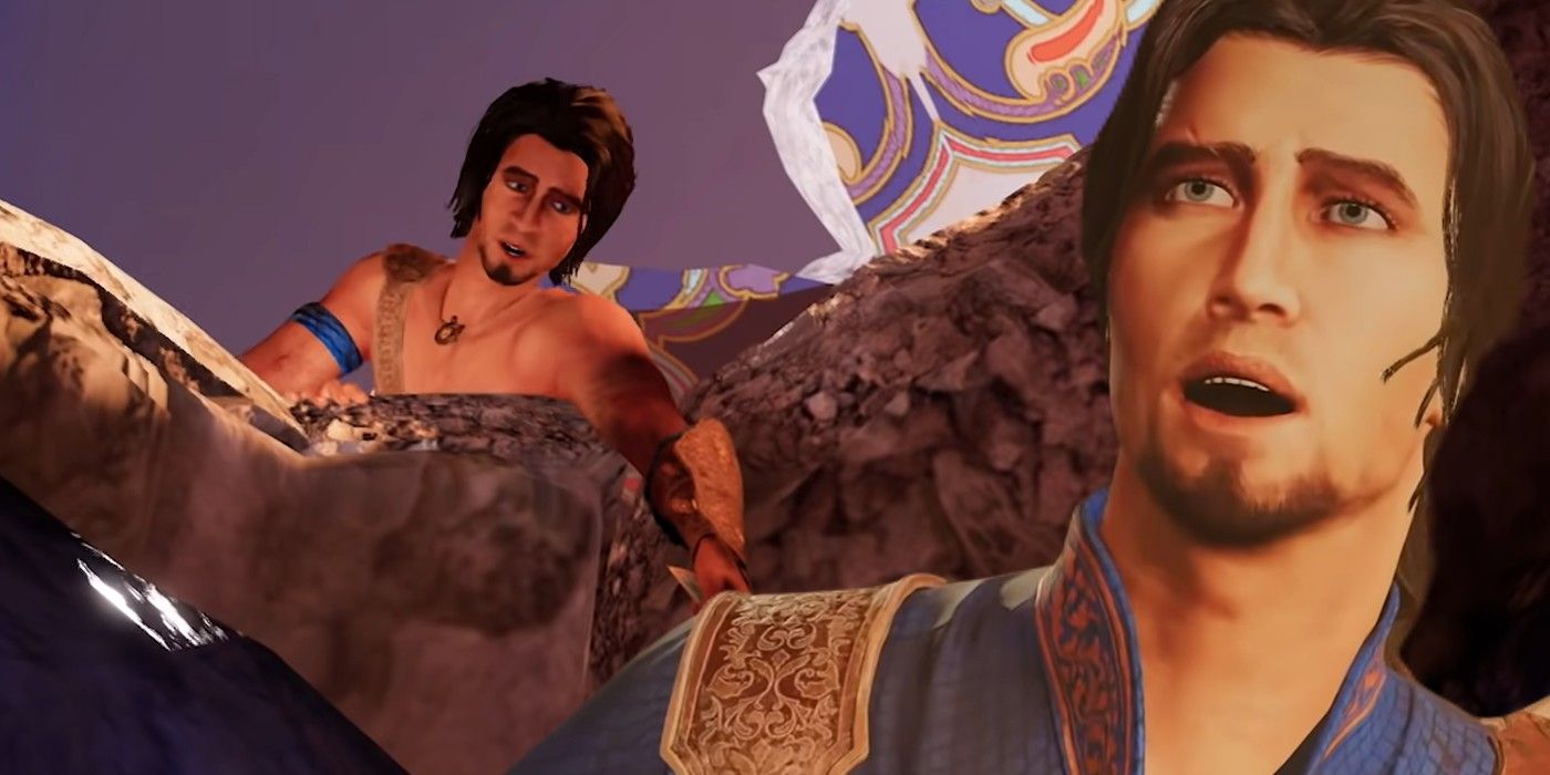 Prince of Persia protagonist looking shocked, overlaid over image of him dangling over a cliff ledge