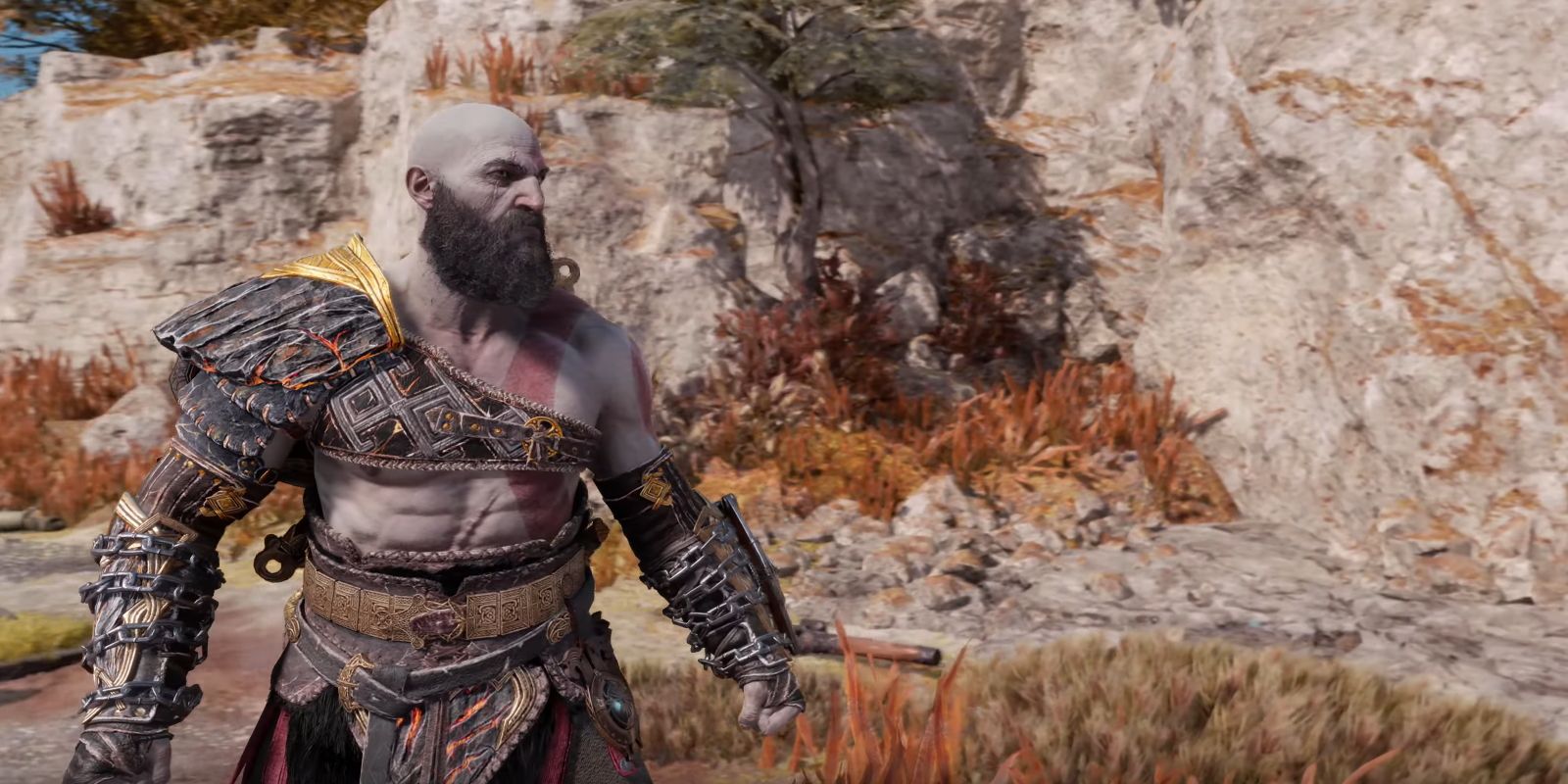 Kratos dressed in God of War Ragnarok's Undying Pyres armor.
