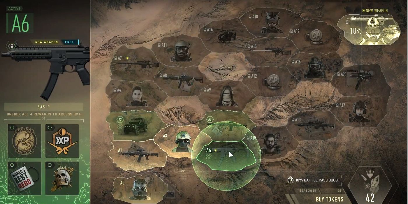 Uma captura de tela do passe de batalha de Warzone 2, que é apresentado em um mapa com caminhos de progressão ramificados.