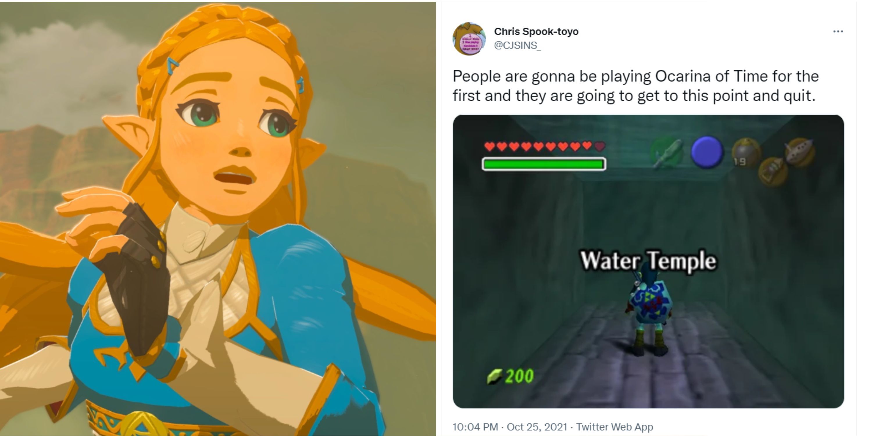 Featured image split Princess Zelda surprised in breath of the Wild and a Tweet about the Ocarina of Time water temple