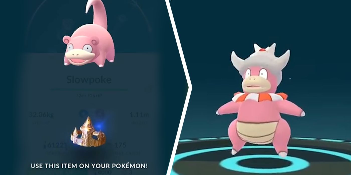Usando uma Kings Rock no Pokémon GO para evoluir o Slowpoke