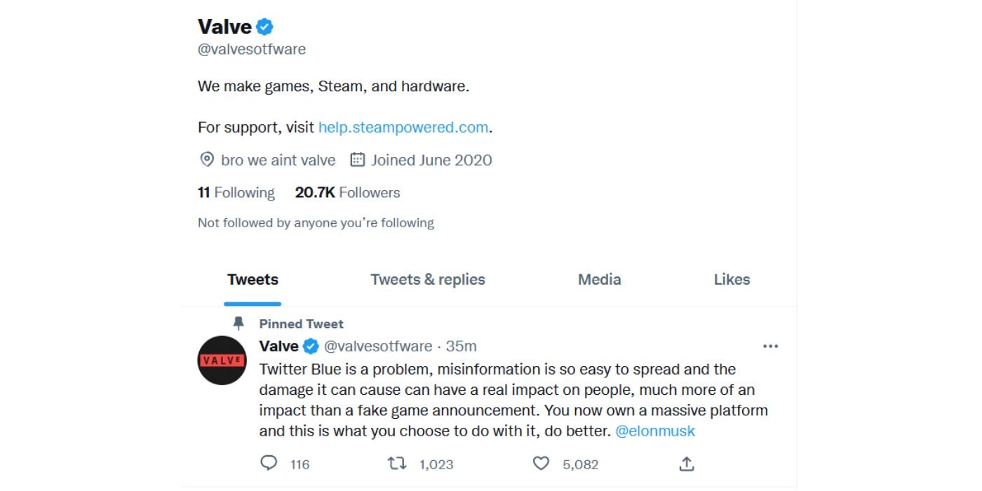 The bio and a Tweet from a fake Valve Twitter account discussing misinformation.