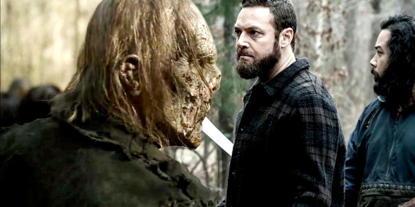 Variant zombie and Ross Marquand as Aaron in Walking Dead