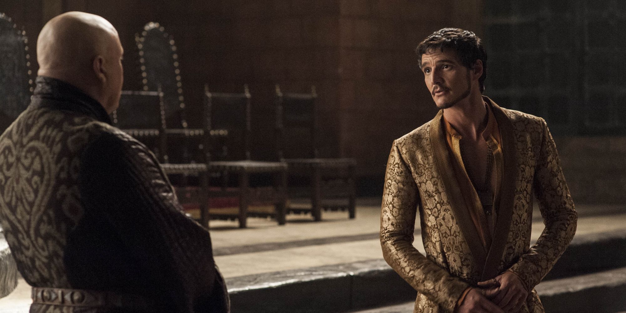 Varys and Oberyn speak in the Throne Room in Game of Thrones