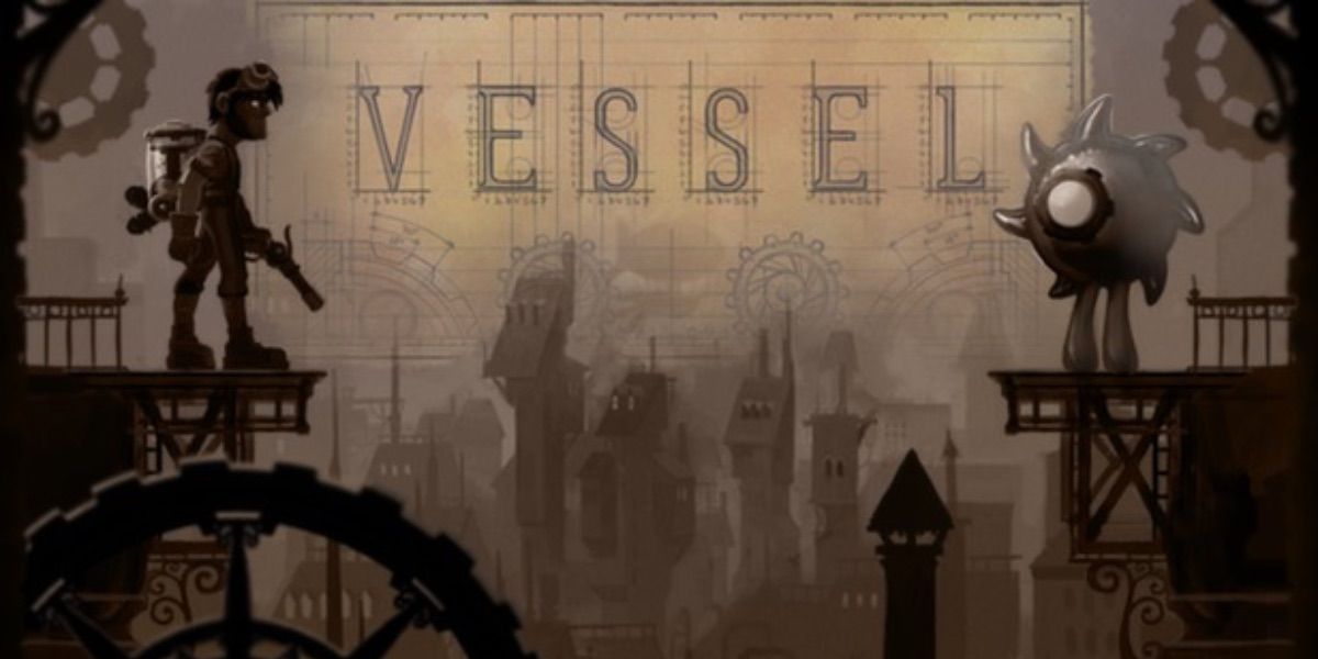 A steampunk characters surveys the landscape in the video game Vessel
