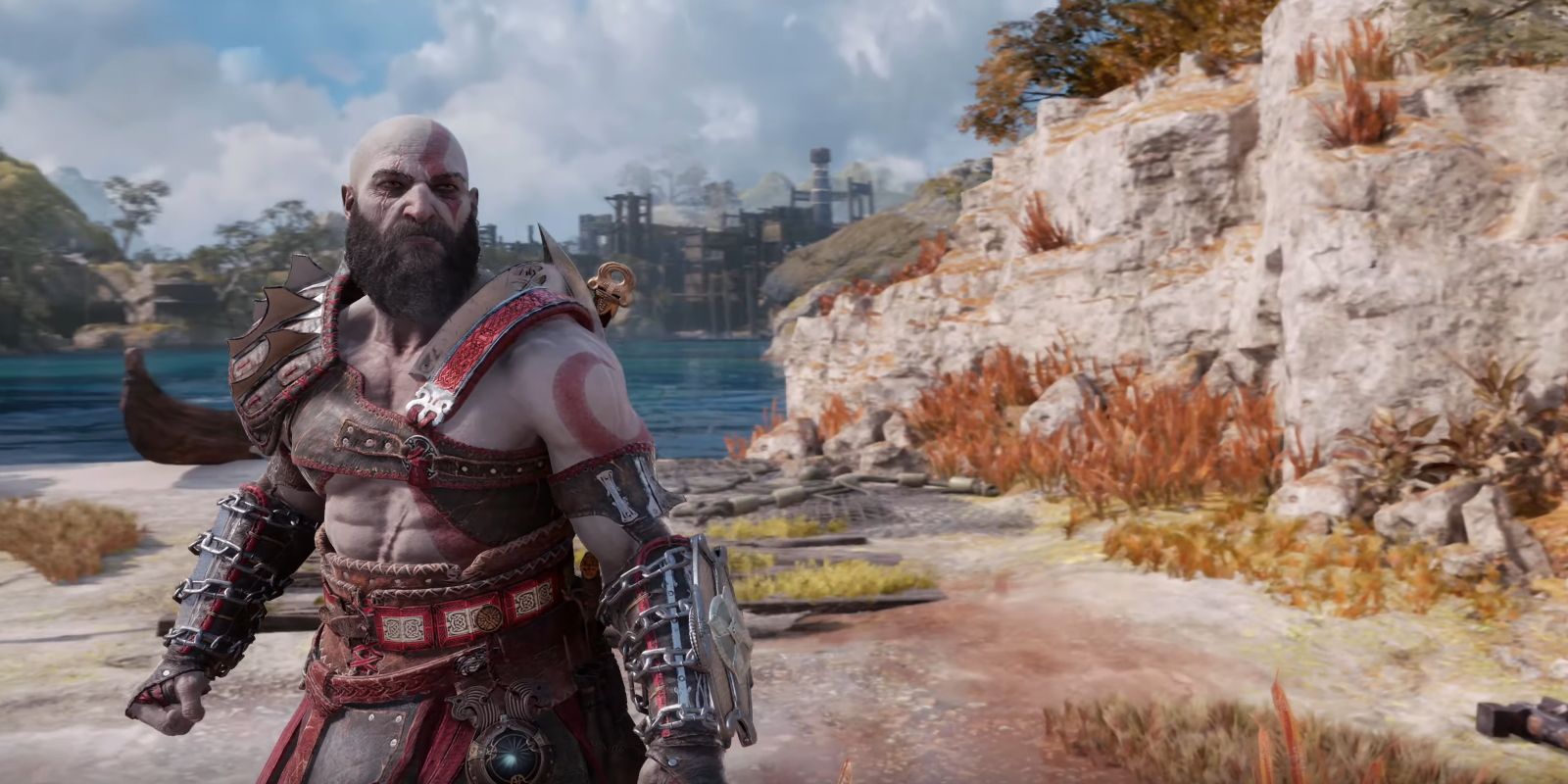 Kratos wearing the Vidar's Might armor set in God of War Ragnarok.