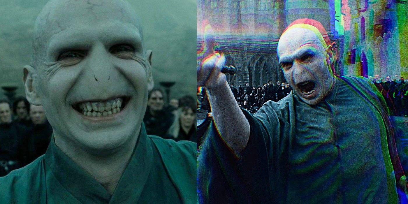 Split image of Voldemort smiling and a distorted image of him casting a spell