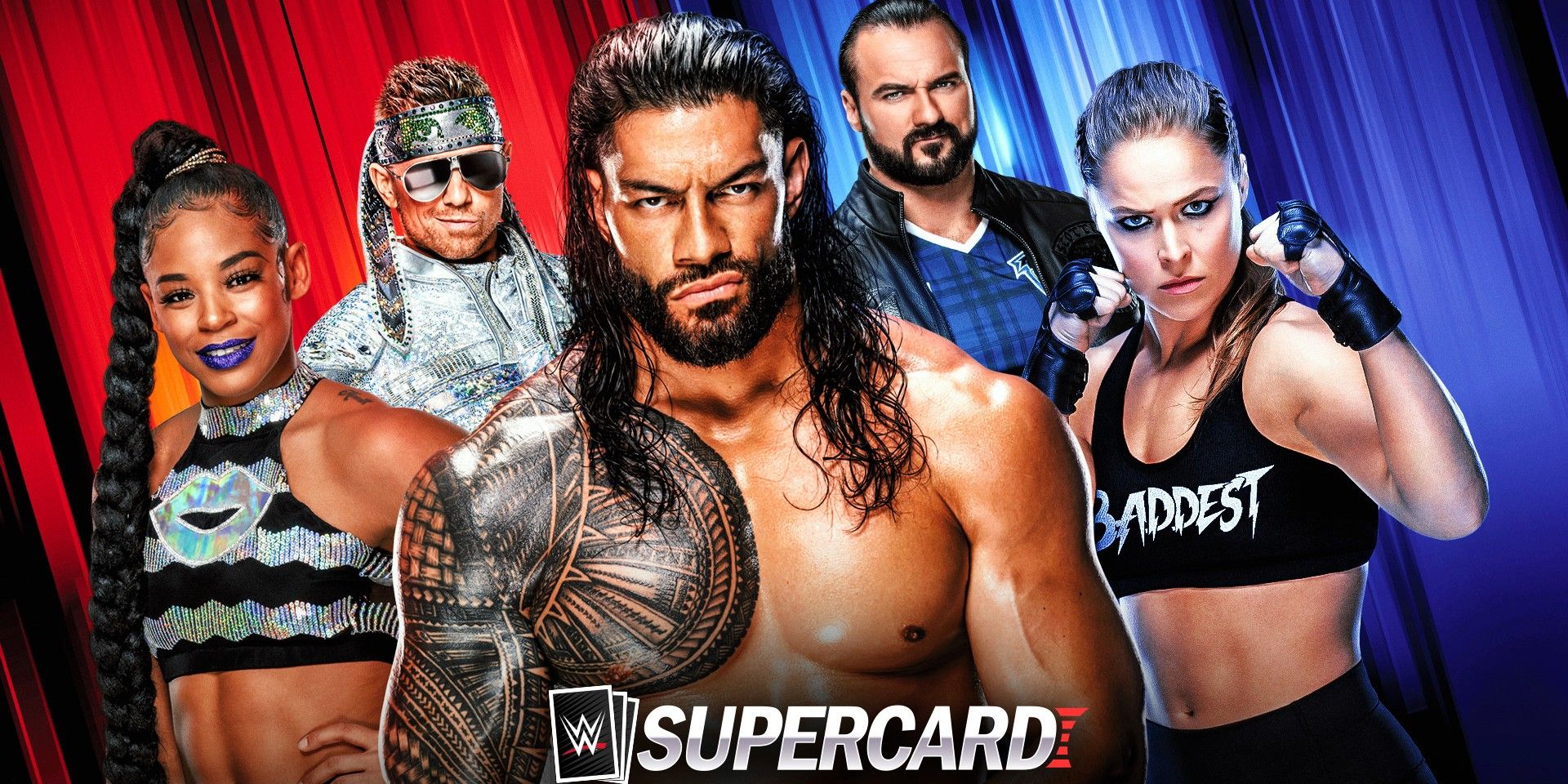 WWE Supercard Key Art showing 5 wrestling stars and the game's logo.