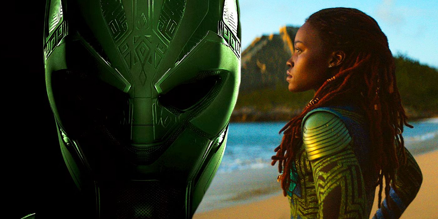 Uma imagem da máscara do Príncipe Toussaint e Nakia de pé em um terno verde