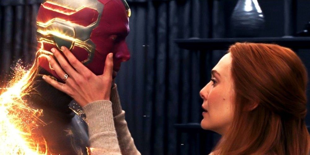 Wanda touching Vision&rsquo;s face in WandaVision