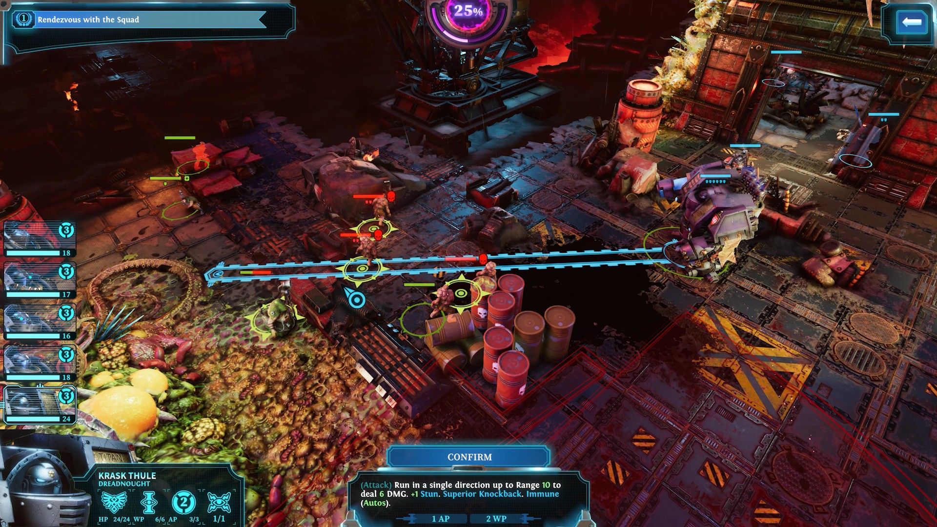 Warhammer 40K Chaos Gate Daemonhunters battle showing a Dreadnaught targeting enemies.