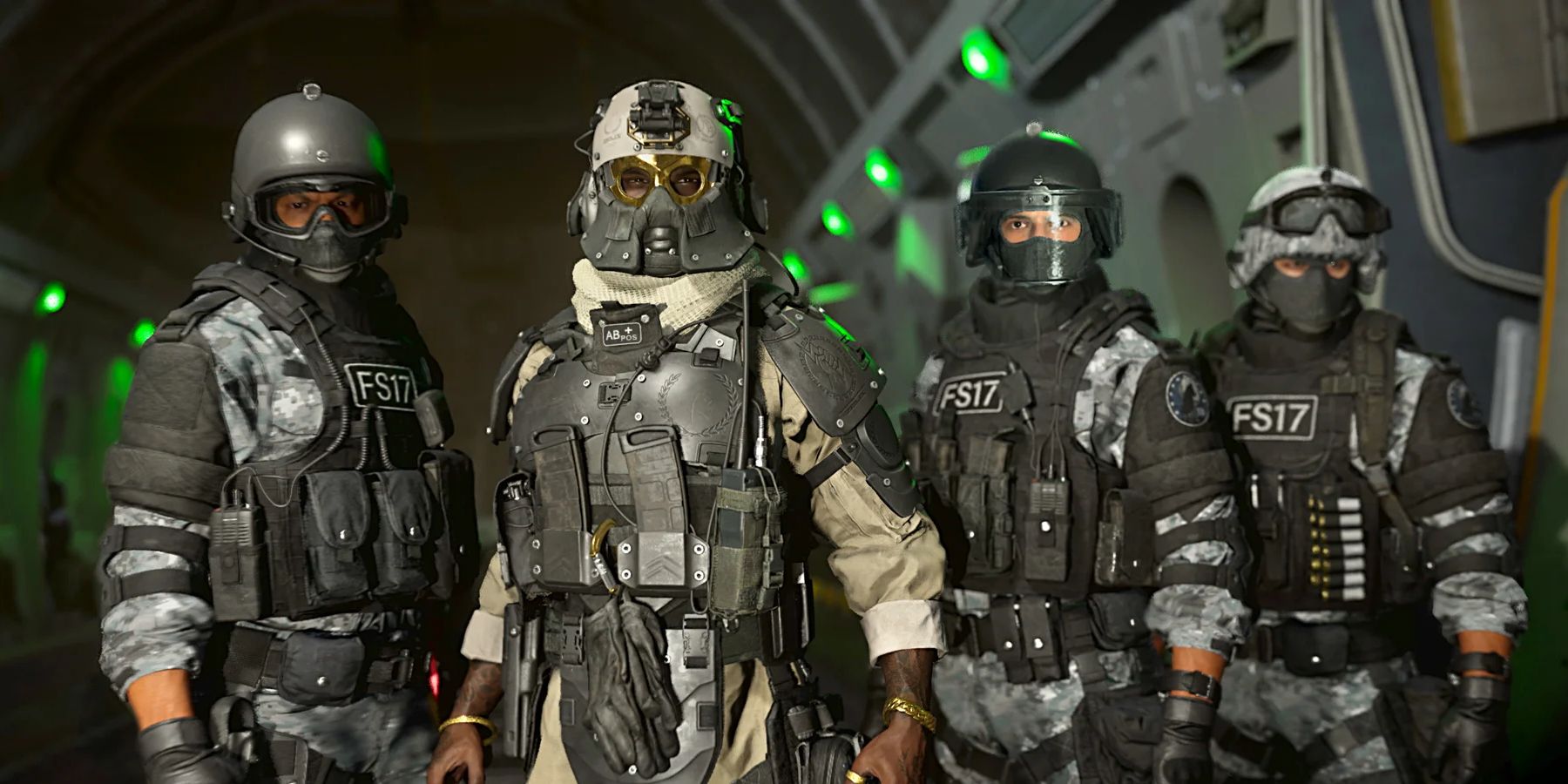 Warzone 2's new Zeus Operator standing next to three others in the plane before dropping into Al Mazrah.