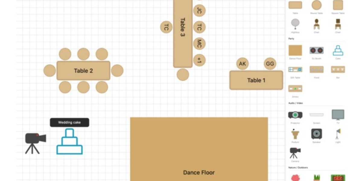 Cuplikan layar Wedding Planner by Seat Puzzle menampilkan kisi-kisi dengan balok untuk tempat duduk, lantai dansa, dan kue pernikahan