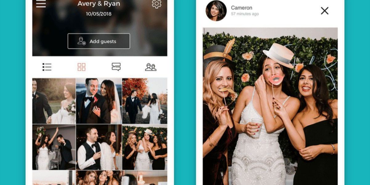 Gambar promo aplikasi WeddingWire untuk Tamu dengan kisi-kisi foto pernikahan