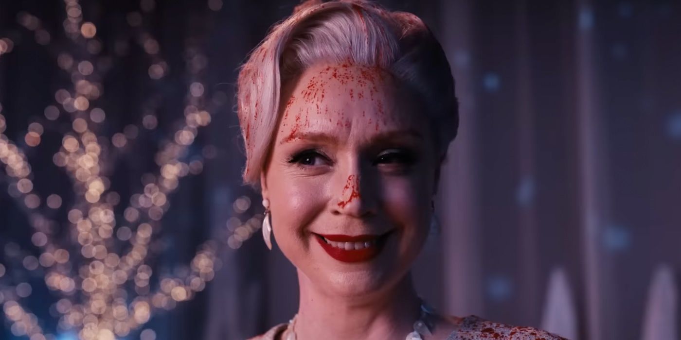 Wednesday Gwendoline Christie as Principal Larissa Weems with blood on her face