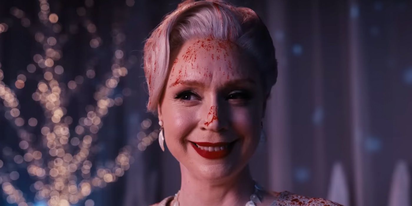 Gwendoline Christie as Principal Larissa Weems with blood on her face in Wednesday