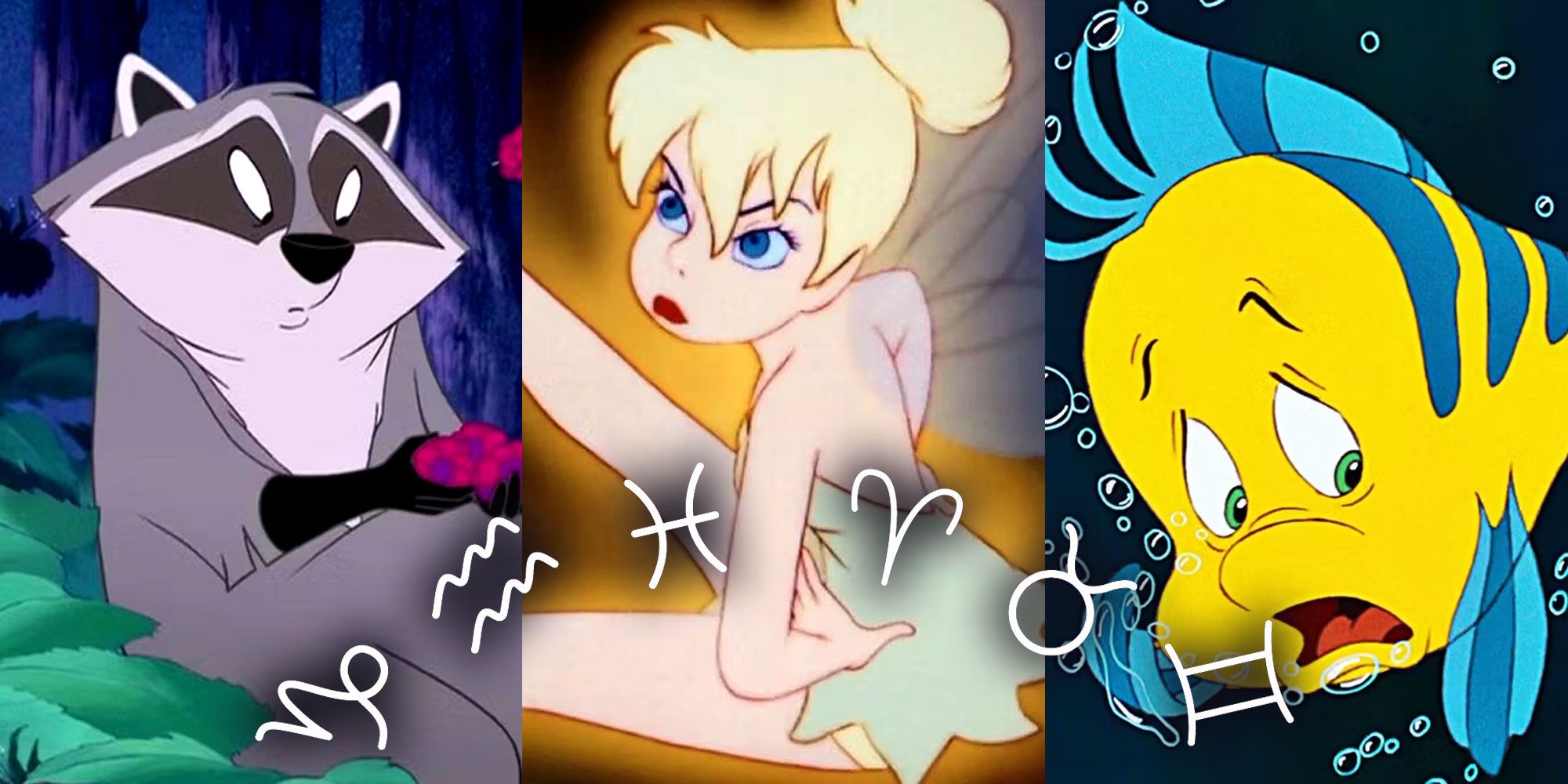 A split image features Meeko from Pocahontas, Tinkerbell from Peter Pan, and Flounder from The Littler Mermaid, with zodiac symbols along the bottom