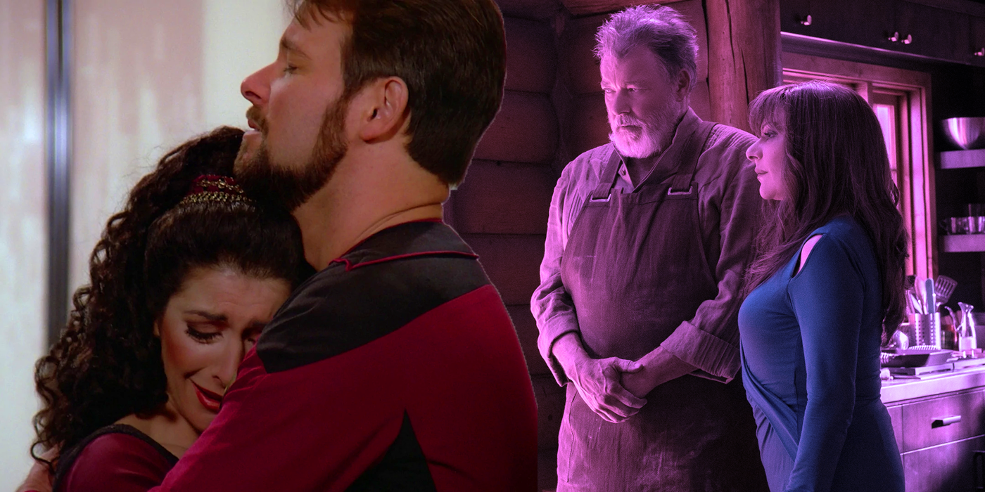 William Riker and Deanna Troi in Star Trek share a hug