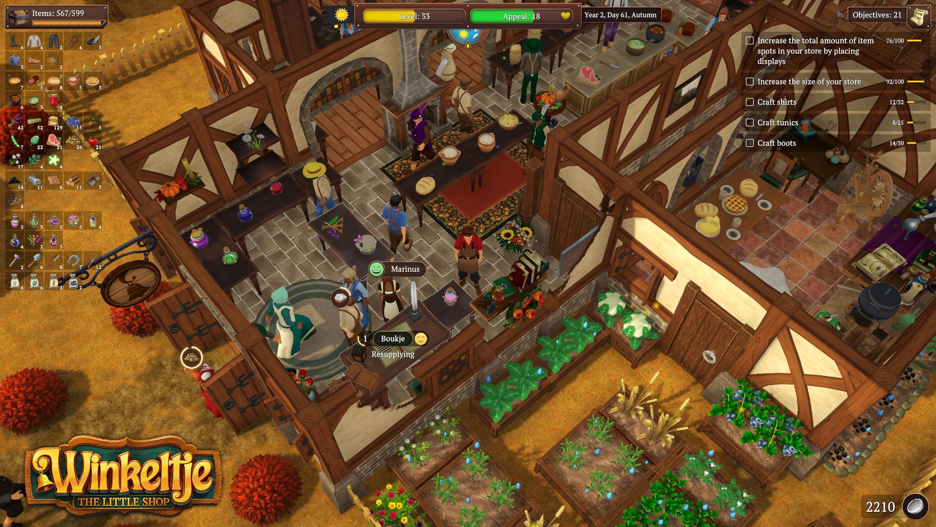 Winkeltje The Little Shop, screenshot showing gameplay of running your own shop and growing ingredients