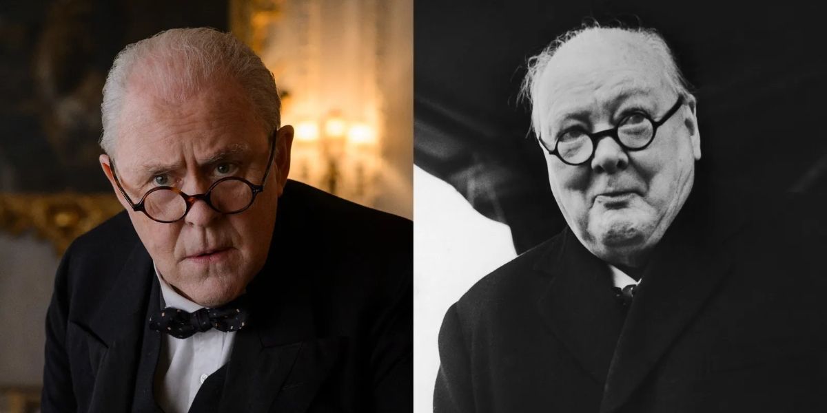 John Lithgow as Winston churchill in the crown and real life split image