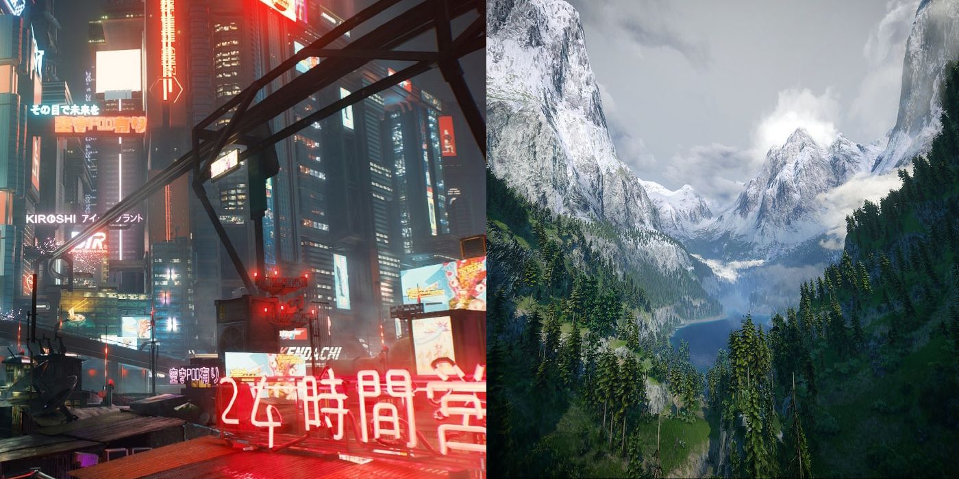 Cyberpunk 2077's Night City landscape versus a Witcher 3 landscape side by side.