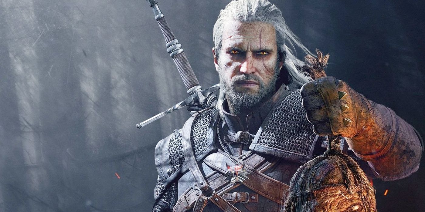 Imagem de Geralt de The Witcher 3 segurando a cabeça decapitada de um monstro.