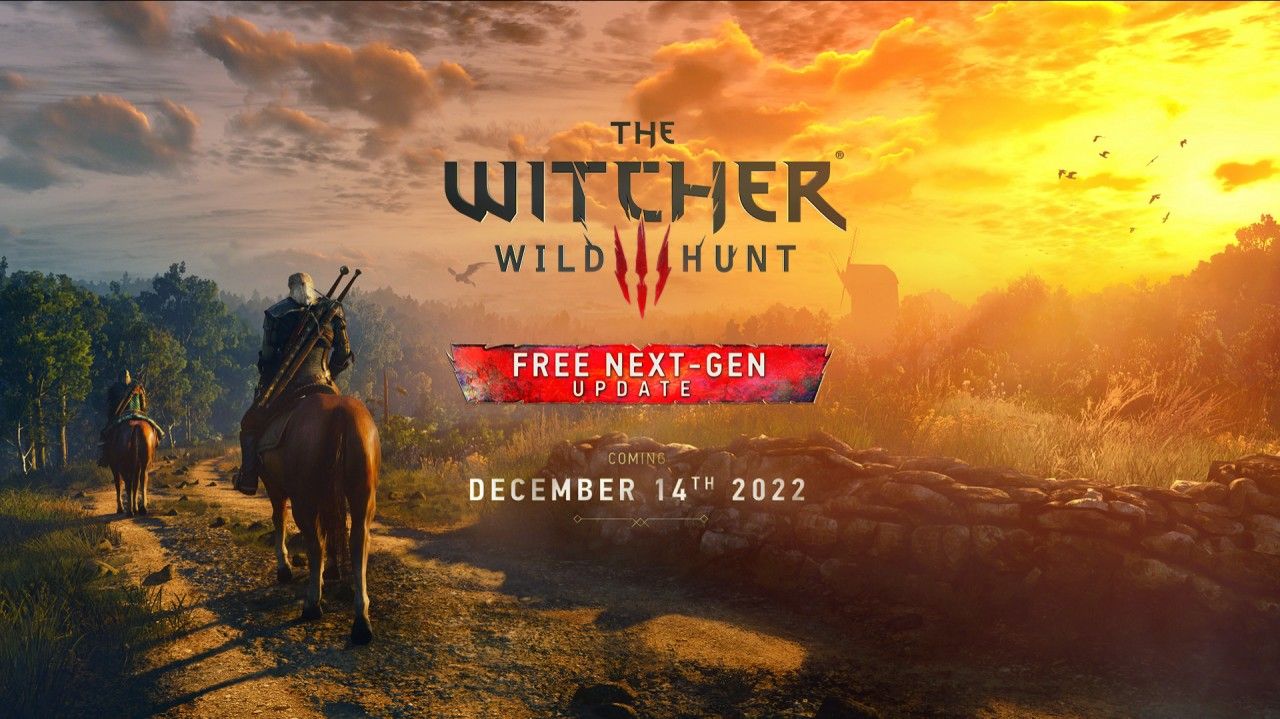Witcher 3: Wild Hunt Next Gen release promo image showing Geralt on a horse and the date December 14th, 2022.