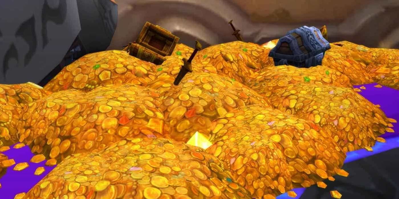 A large pile of gold coins and treasure chests in World of Warcraft.